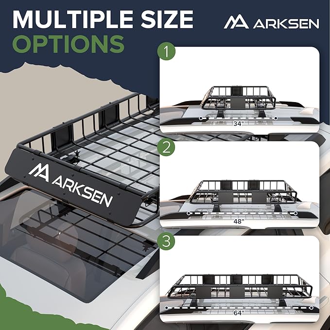 ARKSEN 64 x 34 x 6 Inch Universal Roof Rack with Extension, Cargo Net, 2 Straps, 150 LBS Heavy Duty Capacity Rooftop Cargo Basket for SUV, Truck, RV, Pickup