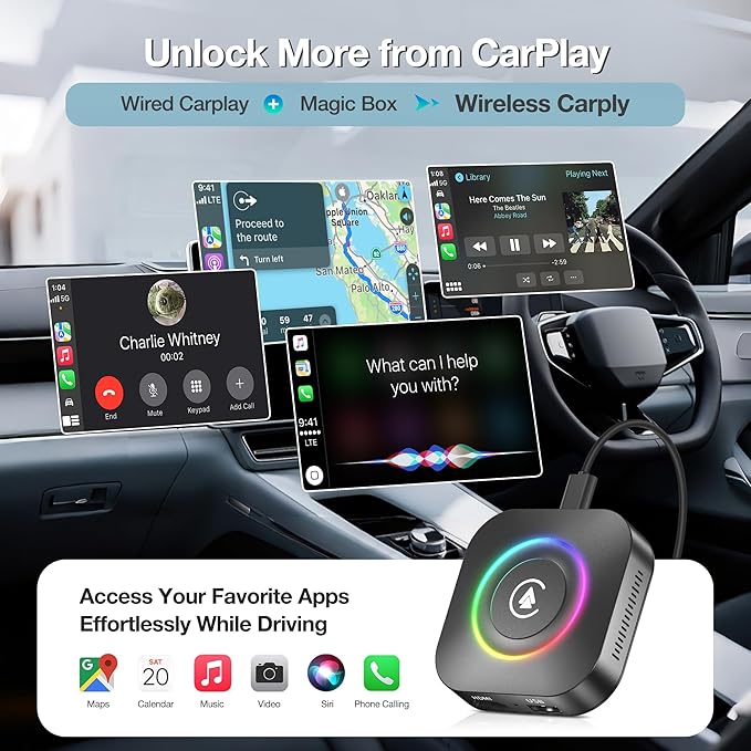 Wireless CarPlay Adapter Magic AI Box, Upgraded CarPlay & Android Auto, Support USB App Install, Screen Mirror, Plug & Play Magic Box for iOS/Android & Cars 2015+