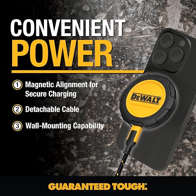 DEWALT Heavy Duty Wireless Charger, 15W Max Cell Phone Charger, Fast Wireless Charging Pad for MagSafe Compatible iPhone 17/16/15/14/13/12 Plus Pro Max, Includes Wall Mounting Plate (No AC Adapter)