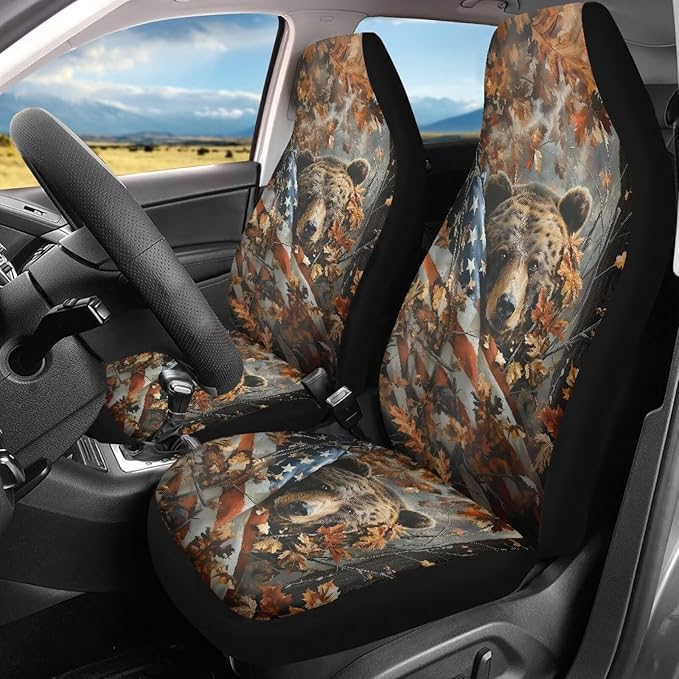Camouflage Hunting Bear Car Seat Covers Breathable Front Seat Covers Easy Installation Stretch Polyester Fabric Cover Protection Interior Accessories Universal Fit Most Cars SUV