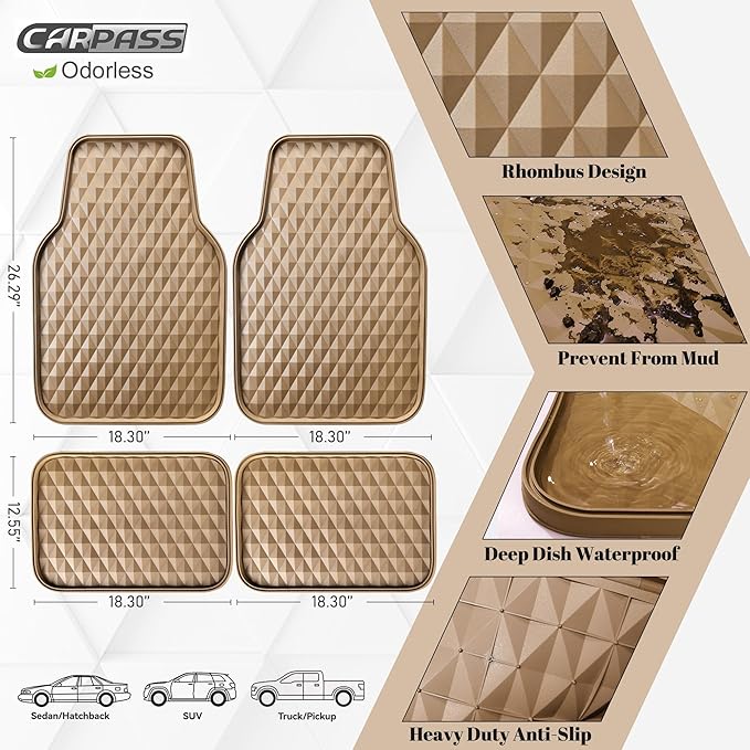 CAR PASS Deep Tray Rubber Car Mats, Heavy Duty Floor Mat for Car, Durable Anti-Slip 3D Rhombus Waterproof All Weather Car Floor Mats, Universal Fit for Truck SUV Vehicle Automotive, 4 Piece Beige
