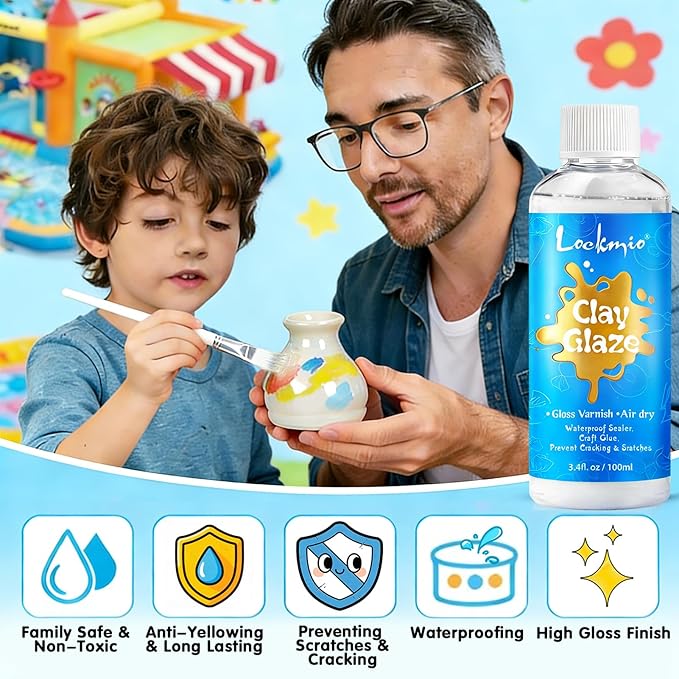 3.4FL OZ Air Dry Clay Glaze, High Gloss Varnish, Protective Sealant to Prevent Cracking & Scratching While Providing a Gloss Glaze Effect - for Ceramics, Wood, Acrylic Painting and Crafts (Gloss)