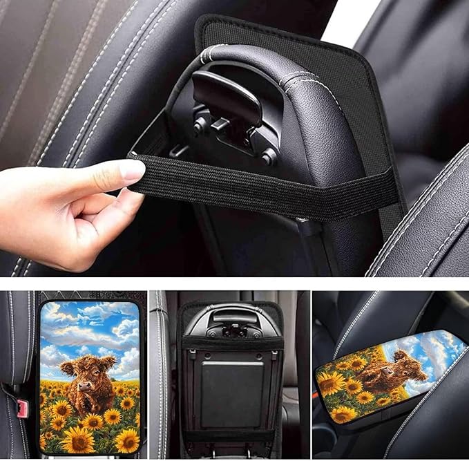 Highland Cow Car Center Console Armrest Cover Pad Universal Decorative Armrest Cover Pad Cute Cow Automotive Accessories Decoration for Truck Sedan SUV