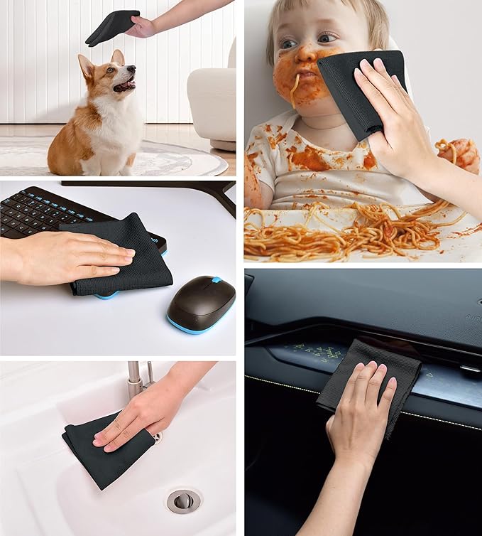 KitchLife Microfiber Cleaning Cloth Roll - Tear-Away Reusable Microfiber Paper Towels, Lint-Free, Washable, 20 Sheets for Kitchen, Car, Dishes, and Sensitive Surfaces (Black)