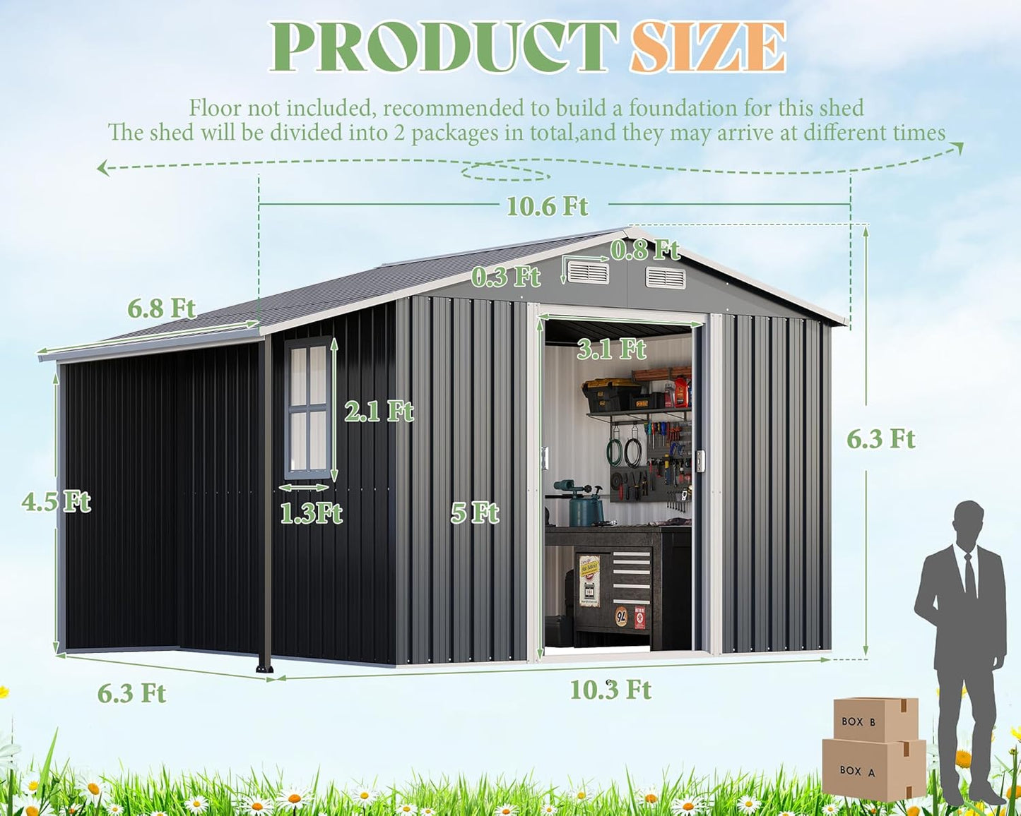 Jocisland 10.6x6.8x6.3 FT Galvanized Metal Storage Shed with Open Firewood Bay, Sliding Doors & Ramp, 2 Windows & Vents, Weather-Resistant Outdoor Tool/Garden Shed, Dark Grey/White
