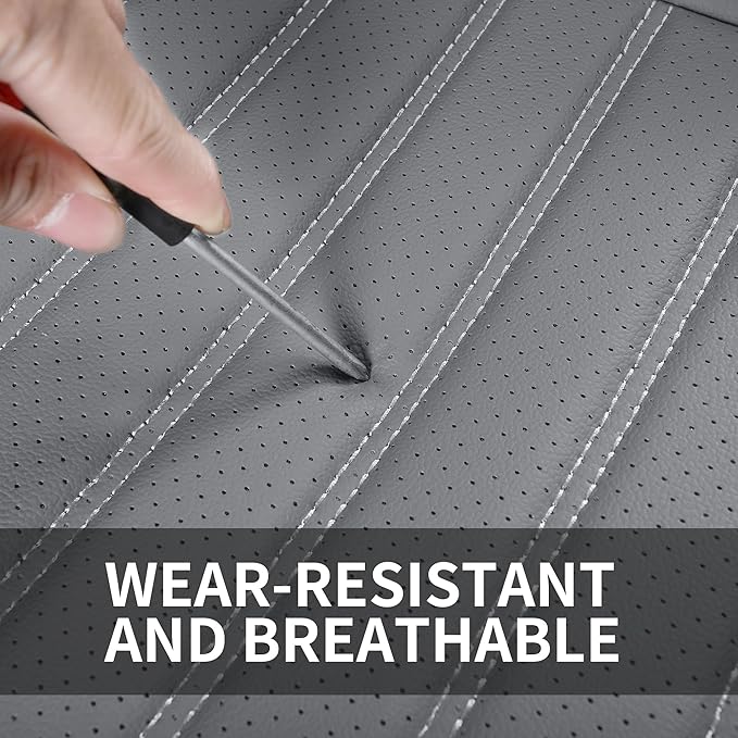 Leather Car Seat Covers, Waterproof Horizontal Stripes Front and Rear Car Seat Cover, Breathable Automotive Seat Covers for Sedan SUV Pick-up Truck (5 PCS Full Set, Grey)