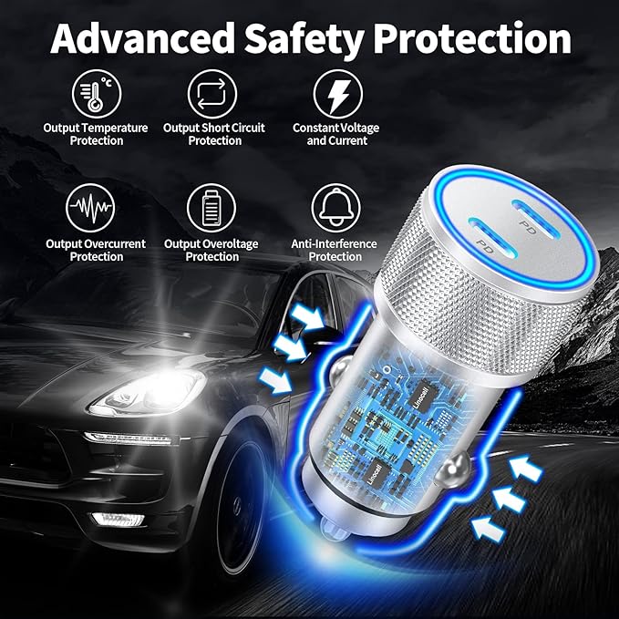 [Apple MFi Certified] iPhone Car Charger, Linocell 60W Dual PD USB-C Poewr Cigarette Lighter USB-C Car Carplay Fast Charger + 2Pack Type-C to Lightning Cable for iPhone 14 13 12 11 Pro XS XR X SE iPad