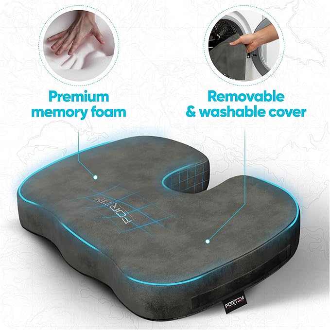 FORTEM Seat Cushion, Office Chair Cushion, Desk Chair Memory Foam, Sciatica Coccyx Tailbone Pain Relief, Pressure Relief, Sitting Pad, for Long Gaming & Sitting, Washable Cover, Non Slip