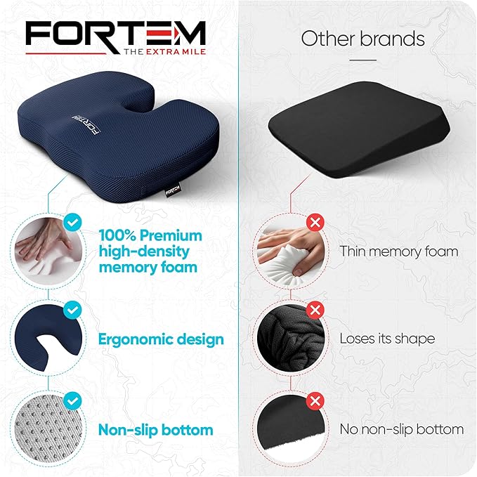 FORTEM Seat Cushion, Office Chair Cushion, Desk Chair Memory Foam, Sciatica Coccyx Tailbone Pain Relief, Pressure Relief, Sitting Pad, for Long Gaming & Sitting, Washable Cover, Non Slip