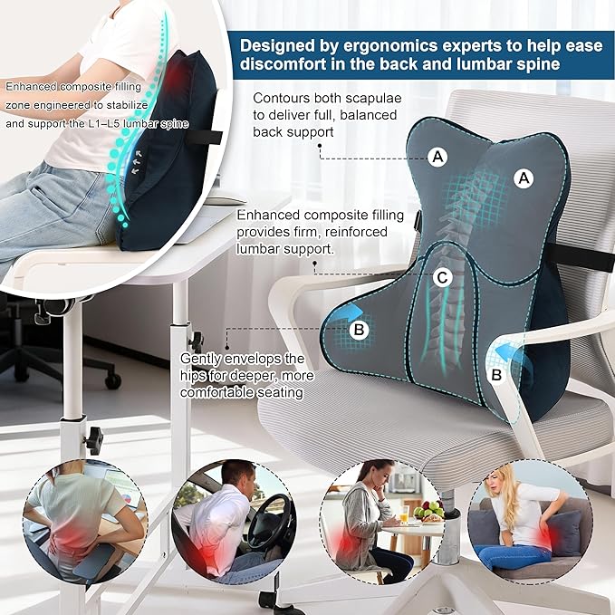Lumbar Support Pillow(Pat. Pend) – Multi-Functional Ergonomic Back Cushion for Office Chair, Car Seat & Sofa, Reading Pillow with Firm Multi-Zone Support to Relieve Lower Back Pain,Teal Blue