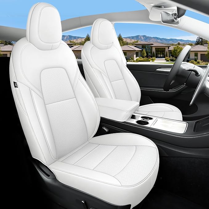 Custom Fit Tesla Model Y Seat Cover 7 Seaters Fully Wrapped Front and Semi-Wrapped Third Row (White-3 Rows)