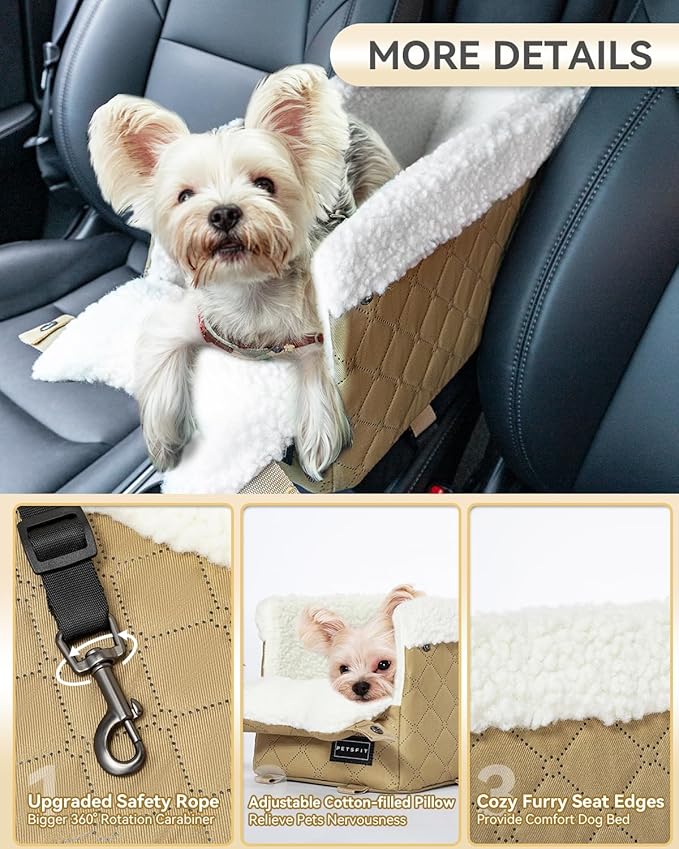 PETSFIT Dog Car Seats for Small Dogs with Safe Protection Hooks, Small Dog Car Seat with Upgraded Safety Tethers, Washable Cushion, Center Console Dog Car Seat (Yellow)