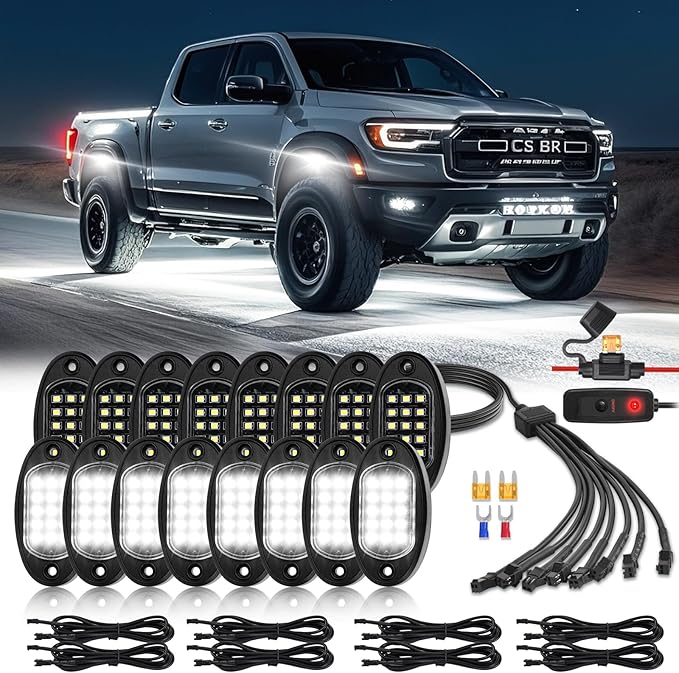 16 Pods Pure White LED Rock Lights with Extension Wires, IP67 Waterproof 6500K Super Bright White Underglow Kit for Semi Truck Sedans Trailer Offroad Pickup RV Underbody Under Car Lighting