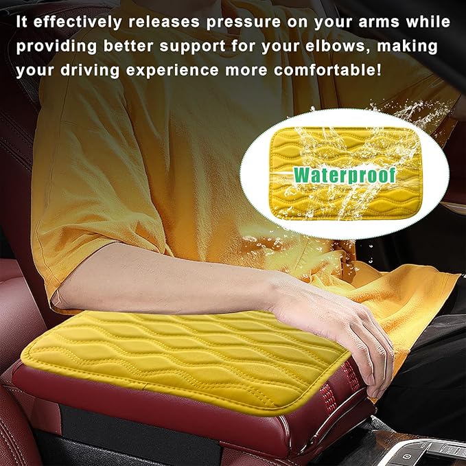 Car Center Console Pad, Waterproof Auto Armrest Seat Box Cover, PU Leather Arm Rest Protector Cushion Pad, Universal Vehicle Interior Protection Accessories for Car SUV (Yellow)