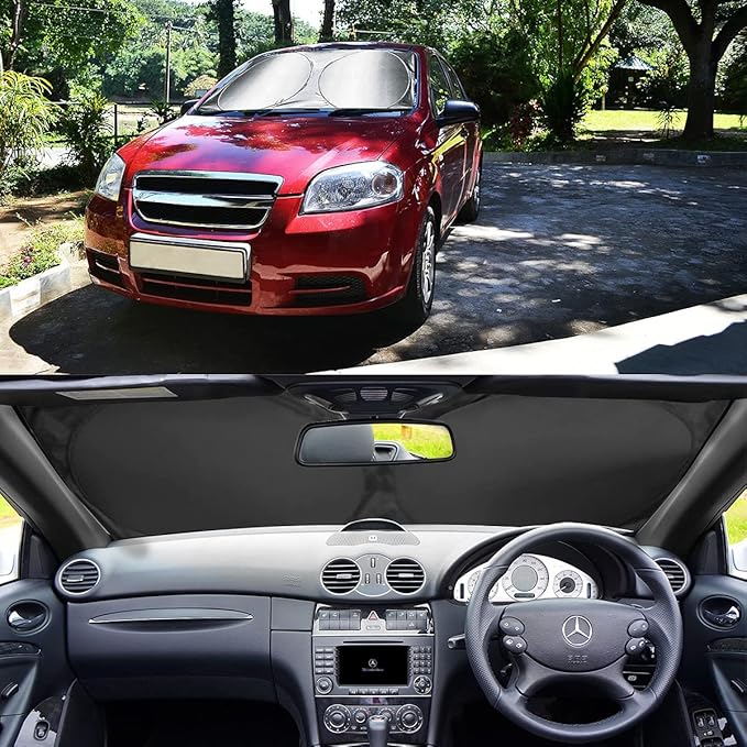 Foldable Car Windshield Sun Shade, Bonus Steering Wheel Sun Shield to Block UV Rays Keep Your Vehicle Cooler, Easy to Use Car Interior Accessories (Small)