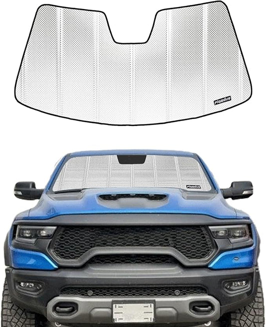 Windshield Sun Shade for Ram 1500 2019-2025 with 5 Inch Wide Sensor. Reflective Aluminum Film Front Window Sunshade - BLAZBLOCK