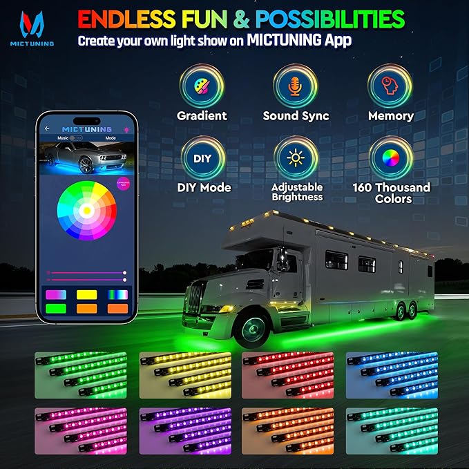 MICTUNING N8 RGBW Underglow Light Bars Specially for RVs, App/Remote Control, Aluminum Housing Waterproof, Exterior Neon Accent Underbody LED Light Strips, w/ 2PCS 11.5FT Extension Cords, 8PCS
