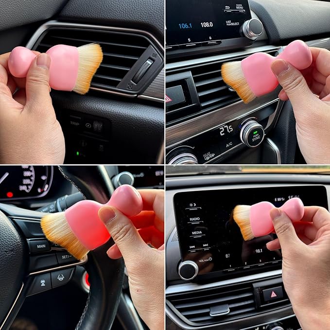 Car Detailing Brush, Soft Bristle Cleaning Brush, Scratch-Free Auto Duster Tool for Dashboard, Air Vents, Leather & Interior Cleaning (Pink&Brown with Cap)