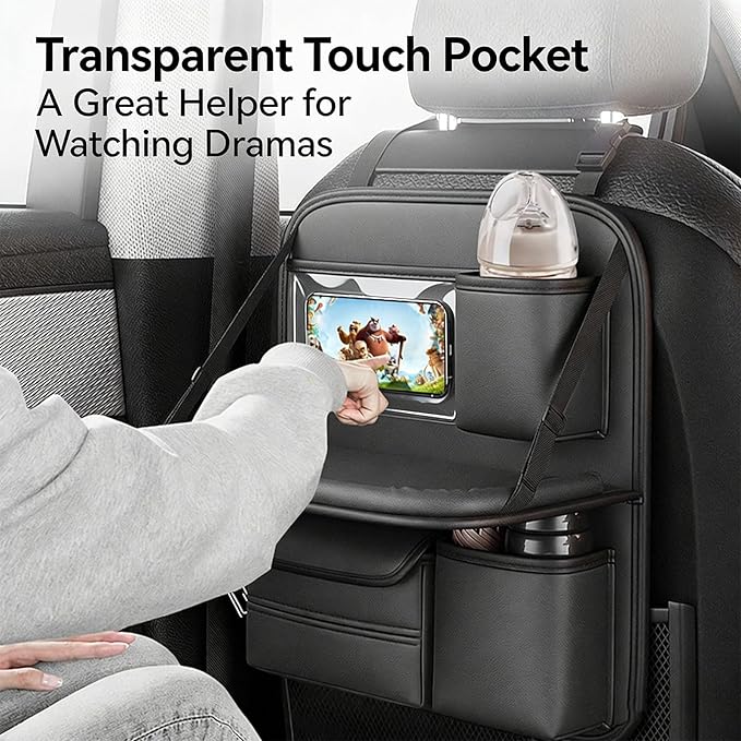 Universal Premium Leather Foldable Car Backseat Organizer with Table Tray, Seat Back Protector with Touch Screen Pad Phone Holder, Car Storage Pockets Tissue Holder with School Bags Hooks