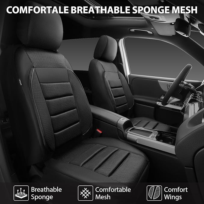 CAR PASS Breatherable Air Mesh Car Seat Covers Full Set, 3D Foam Back Support Automotive Seat Covers, All Season Car Seat Cover Fit Automotive,SUV,Sedan,Van, Airbag Compatible (Black)