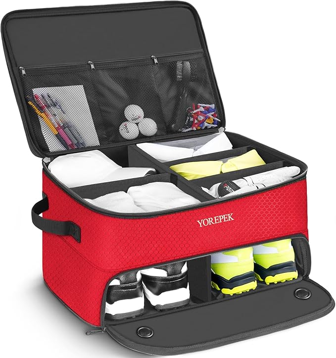 YOREPEK 2 Layer Golf Trunk Organizer, Golf Gifts for Men with Separate Ventilated Compartment for 2 Pair Shoes, Waterproof Car Trunk Locker for Balls, Tees, Clothes, Gloves, Gifts for Golfers