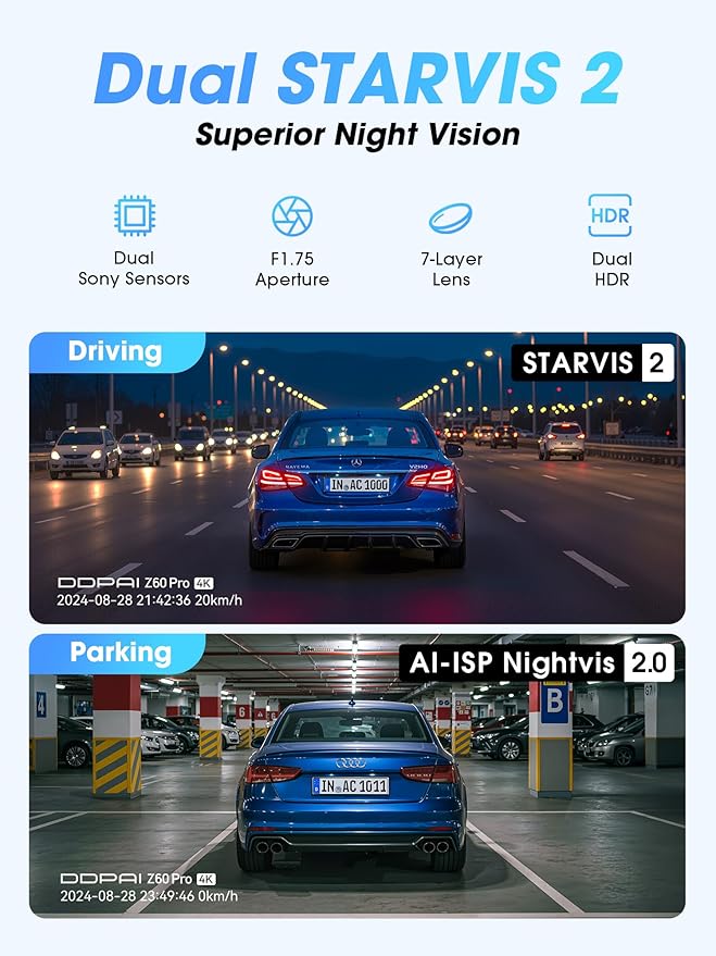 DDPAI 4K 3 Channel Dash Cam, 4K+2K+1080P Front Inside Rear Car Camera, Dual STARVIS 2 Dashcam With Bulit-in 32G eMMC,3K 60FPS,4G LTE Support,5G WiFi GPS,3" IPS,Night Vision,Parking Mode, Z60 Pro πLink