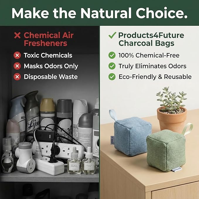 4 pack Naturally Activated Bamboo Charcoal Air Purifying Bags | Natural Home Deodorizer Bag | Charcoal Bag Odor Absorber For Pets | Odor Eliminator & Moisture Absorber Air Freshener Bag (200g Cube)