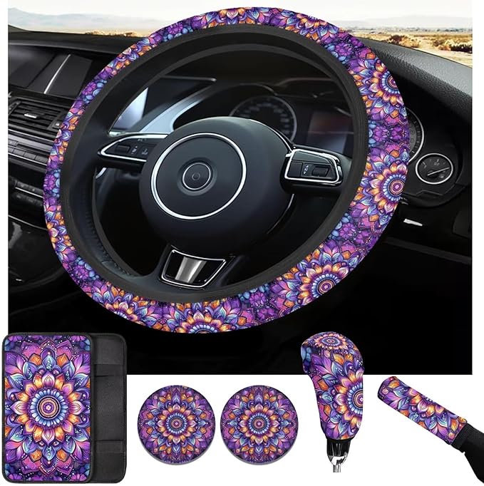 Bohemian Style Car Accessories for Men Women Flower Print Car Steering Wheel Cover Set 6 Pcs Cup Coaster Handbrake Gear Cover Suit for Most Cars Truck Vans SUV