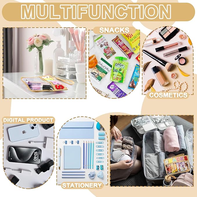 Snack Bag for Travel - Clear Chenille Varsity Letter Flat Pouch with Zipper, 12.2×8.46 inch Waterproof Clear Nylon Preppy Patch Makeup Cosmetic tote Bags for Women Girls