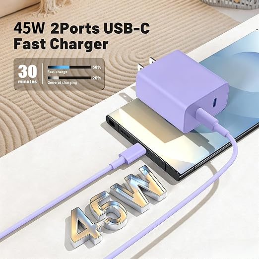 45W Dual Port Super Fast Charger with Long USB C to C Cable 10ft,Type C Wall Charger Block and Android Phone Charging Cord for Samsung Galaxy S26 Plus/S25 Ultra/S25+/S24+/S23+/S22+/S21/S20/Note 20/10+