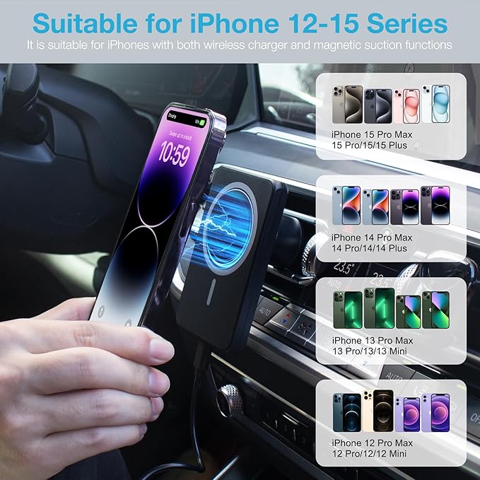 MagSafe Car Charger Mount 7.5W Magnetic Wireless Car Vent Holder for iPhone 15/14/13/12 Series, Strong Grip, 360° Rotatable, Safety Protected, Black