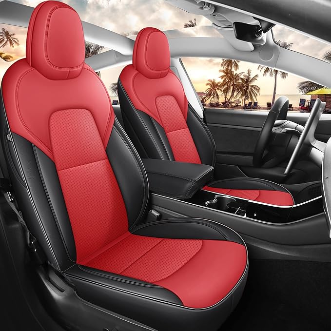 Seat Cover for Tesla Model 3 2017 2018 2019 2020 2021 2022 2023 Custom Fit Leather Car Interior Seat Cushion Cover Compatible Airbag Full Set (Red+Black-3)