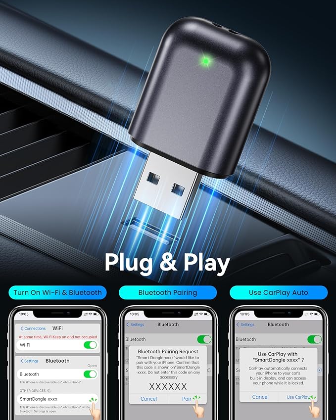 Burnt Sugar Wireless Carplay Adapter for iPhone 2026 Upgraded, Ultra-Mini USB Design for Apple Car Play Convert Wired to Wireless, Stable Low-Lag GPS Plug & Play for iOS 10+ & Cars from 2016+ (Gray)