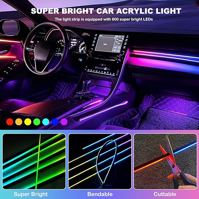Interior Car LED Strip Lights, RGB 2 in 1 Dynamic Dreamcolor Chasing Acrylic LED Lights for Car, USB Powered Ambient Lighting Kits with Wireless APP, Sound Active Function Car Neon Lights (2 in 1)