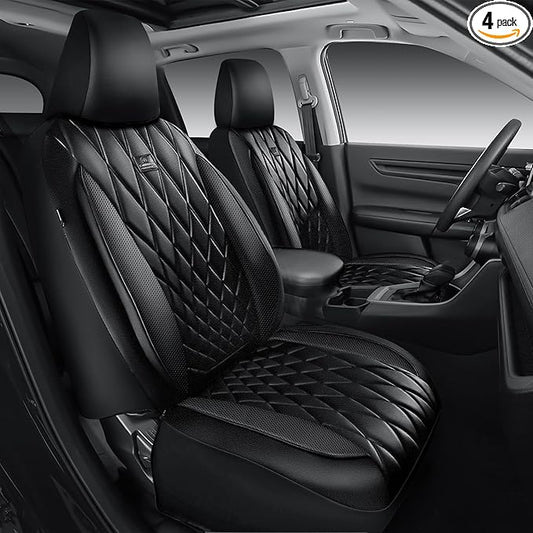 CAR PASS Nappa Leather Rav4 Front Seat Covers Custom Fit for Toyota Rav4 2019-2024, Camry 2018-2024, Corolla 2020-2025, Luxury Premium Anti-Slip Waterproof 2 Pack Seat Cover, Airbag Compatible Black
