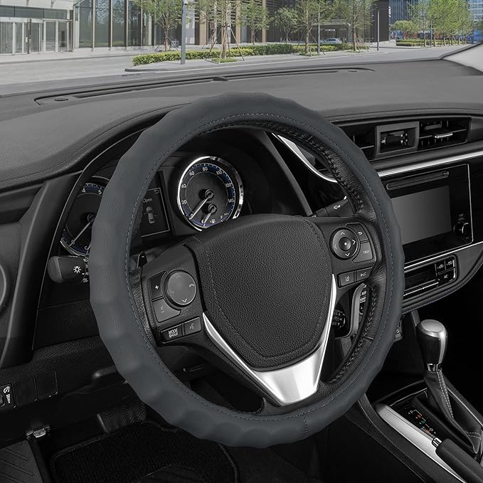 BDK SW-899-MG Genuine Leather Car Steering Wheel Cover 14.5-15 inch Medium/Gray, Easy Installation