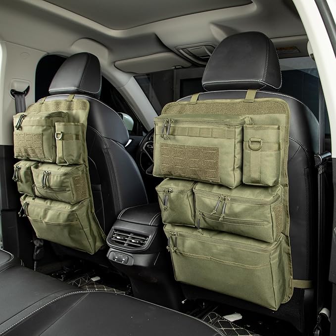 6 Pack Tactical Molle Car Seat Back Organizer - Tactical Vehicle Panel Organizer with 5 Detachable Molle Pouch,US Flag Patch and Keychain,Great Trunk Accessories for Man