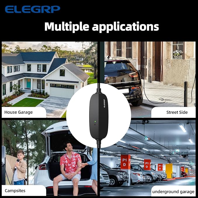 ELEGRP Level 1/2 EV Charger, 16 Amp, Portable J1772 Electric Car Charger, 21FT Cable, NEMA 6-20 & 5-15 Adapter, 110V-240V for BEVs/PHEVs, PBE & LRC Technology