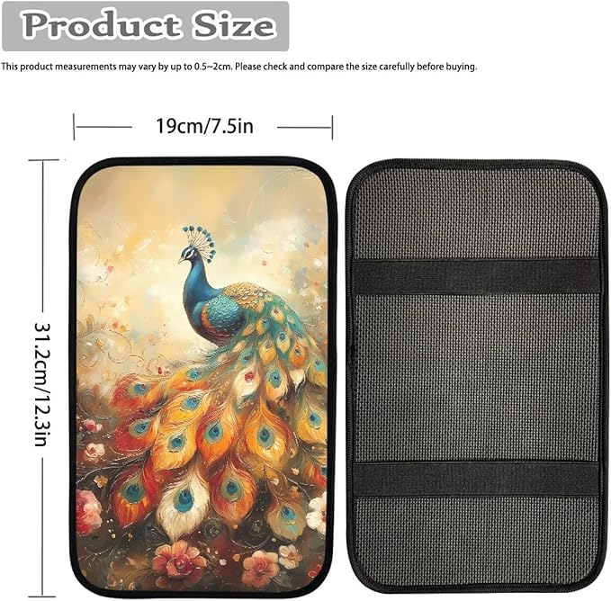 Suobstales Peacock Flower Print Car Armrest Pad Soft Center Console Arm Rest Protector Cover Universal Car Interior Accessories Decoration