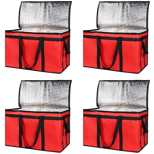 Bodaon 4-Pack Insulated Food Delivery Bag, XXX-Large Meal Grocery Tote Insulation Bag for Hot and cold Food, Commercial, Large Capacity Reusable Warming Bag, Red