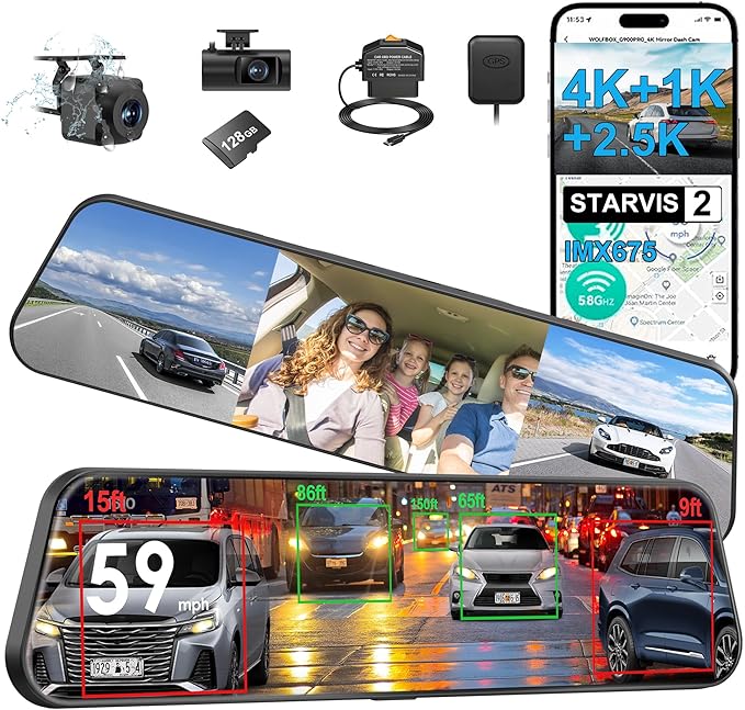 12" 3 Channel 4K Mirror Dash Cam, Sony STARVIS 2 IMX675 Night Vision, BSD Blind Spot Detection, 4K+1080P+2.5K Front Inside Rear View Camera, 5.8GHz WiFi, 24H Parking Mode, 128G Card