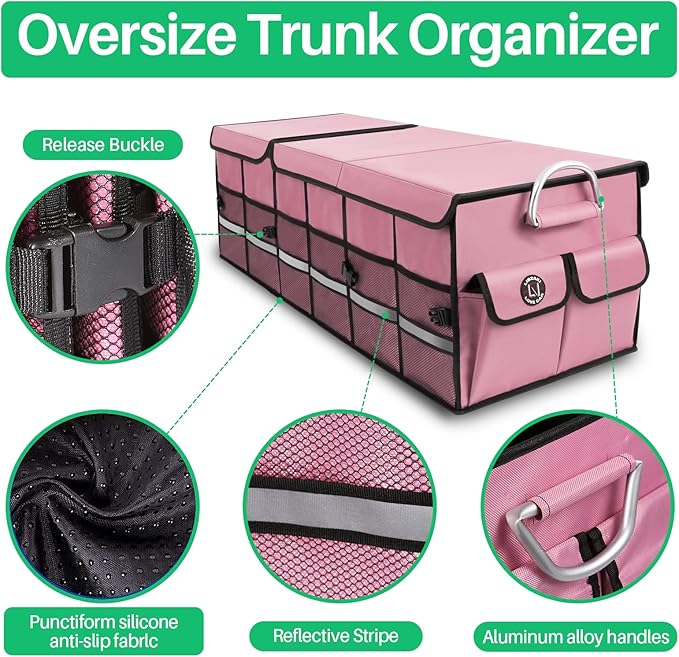 Big Car Trunk Organizer, Cargo Organizer SUV Trunk Storage Non Slip Bottom Waterproof Collapsible Durable Multi Compartments-(Oversize,Pink)