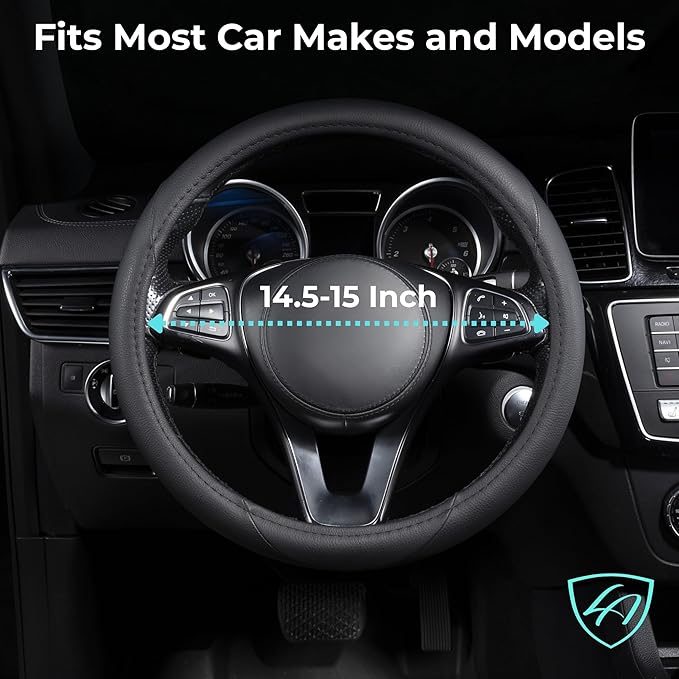 Lord Autofashion Steering Wheel Cover – PU Leather, Non-Slip Rubber Inner, All-Season Comfort – 14.5–15 Inch (Black 7414)