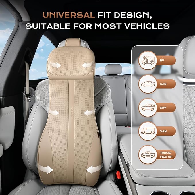 Coverado Car Seat Cushion and Integrated Neck Pillow Lumbar Support Kit, Ergonomic Lumbar Support Pillow for Car, Soft Leather Memory Foam Car Seat Cushion for Sciatica & Back Pain Relief, Beige