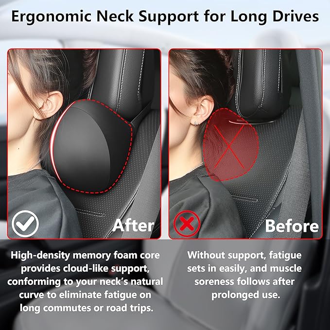 2 Pack Car Neck Pillow, Breathable Neck Support Pillow for Driving, Soft Memory Form and Ergonomic Design Fits Most Cars SUV Sedan Home Office (Black)