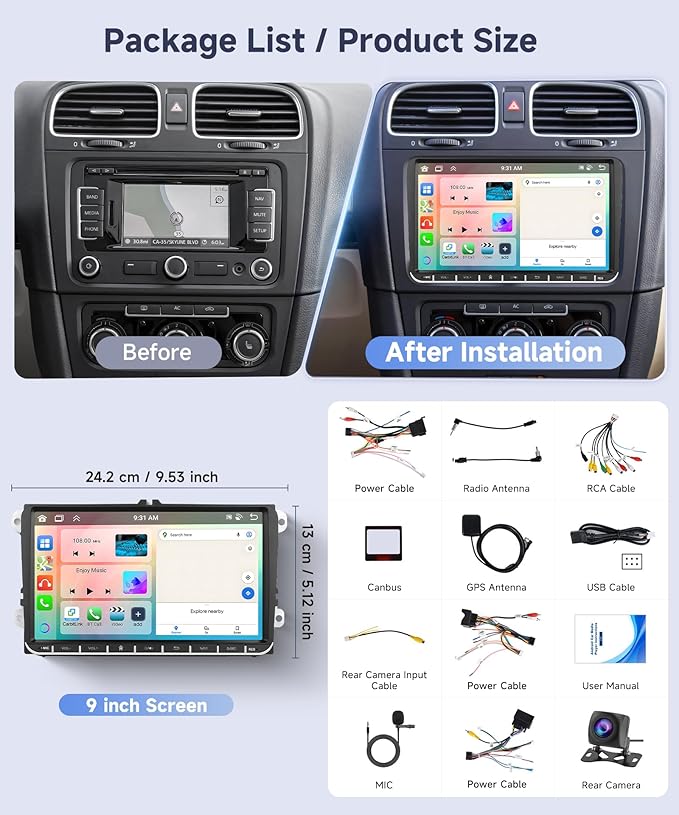 8 Core 6G+128G Android Car Stereo for VW Golf MK5 MK6 Passat Jetta Tiguan T5 EOS Polo with Wireless CarPlay Android Auto, 9” Touchscreen Car Radio GPS WiFi SWC Bluetooth 32EQ Backup Camera