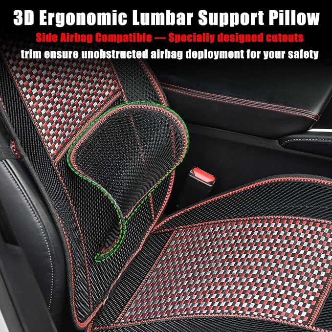 JSCARLIFE Breathable Car Seat Cushion, Summer Cooling Bamboo Single Seat Pad with 3D Lumbar Support - Airbag Compatible Driver Seat Mat for Long Drive Fatigue Relief