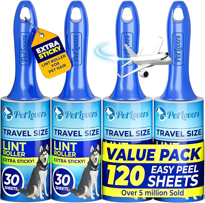 PetLovers Extra Sticky Lint Roller Mega Value Set for Pet Hair Removal and Clothes, Dog and Cat Lint Remover (Blue, 4 Pack Mini)