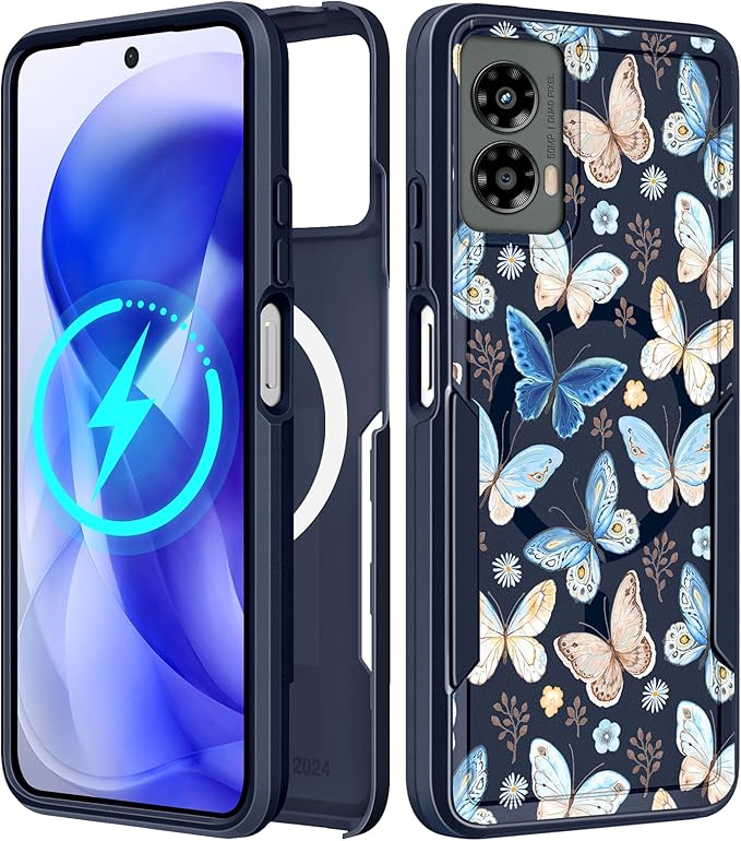 for Moto G 5G 2024 Case - Compatible with MagSafe Women Girls Cute Magnetic Protective Phone Cover Kawaii Girly Blue Butterfly Heavy Duty Shockproof Design for Motorola Moto G 5G 2024 Cases