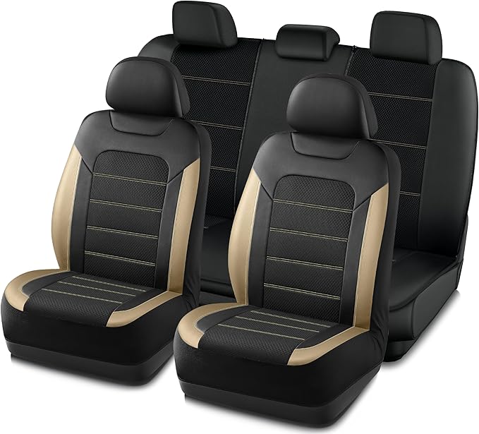PIC AUTO Car Seat Covers, Premium Leather and Air Mesh Automotive Sports Seat Covers Full Set, Front and Rear Bench, Airbag Compatible Universal Fits Most Cars, SUVs, Trucks and Vans (Black & Beige)